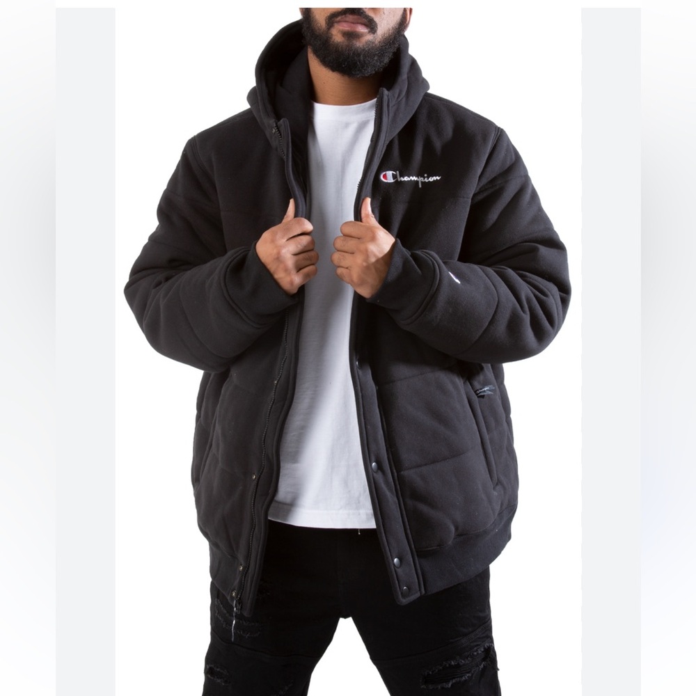 NWT Champion Hooded Reverse Weave heavy weight puffer Jacket Black large - Picture 2 of 15